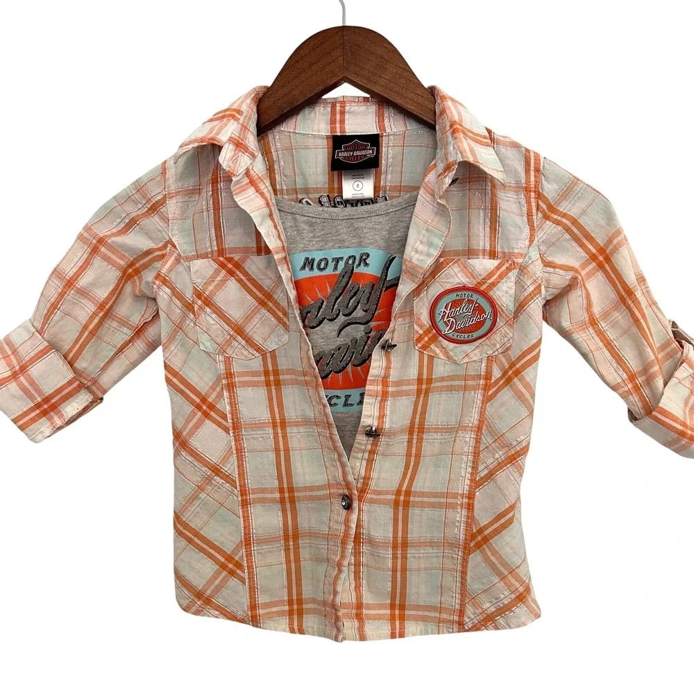 Harley Davidson‎ Girls 6 Plaid Button Down Shirt and Tank Top Set Orange Teal